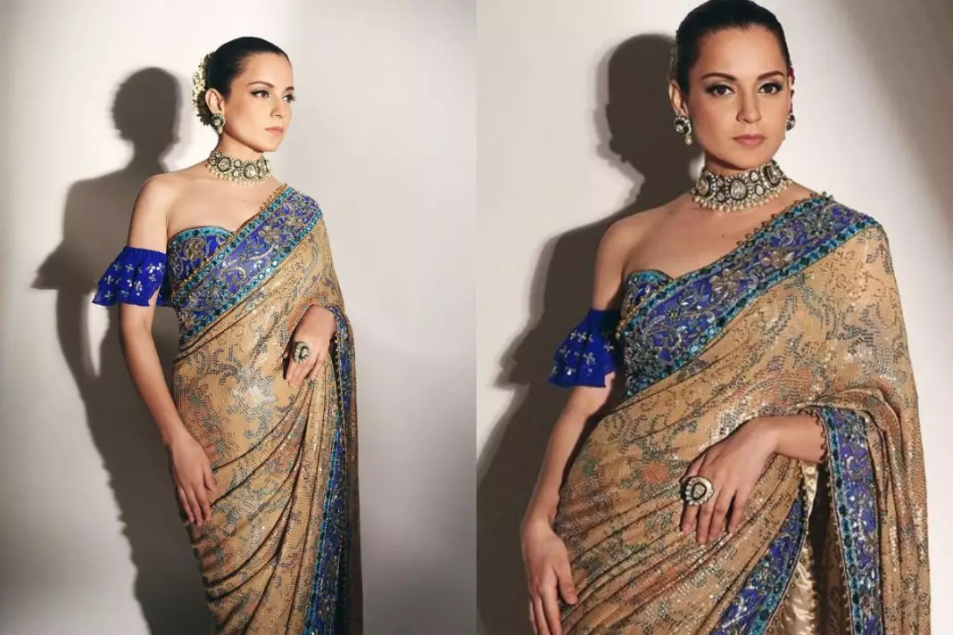 Kangana Ranaut makes netizens go berserk with ravishing look in beige and blue embroidered saree; Check out pictures